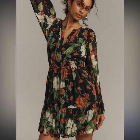 Anthropologie Black and Green Floral Long Sleeve Dress - Picture 3 of 8